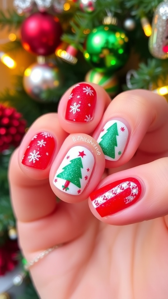 Close-up of colorful Christmas nail art on short nails with festive designs.